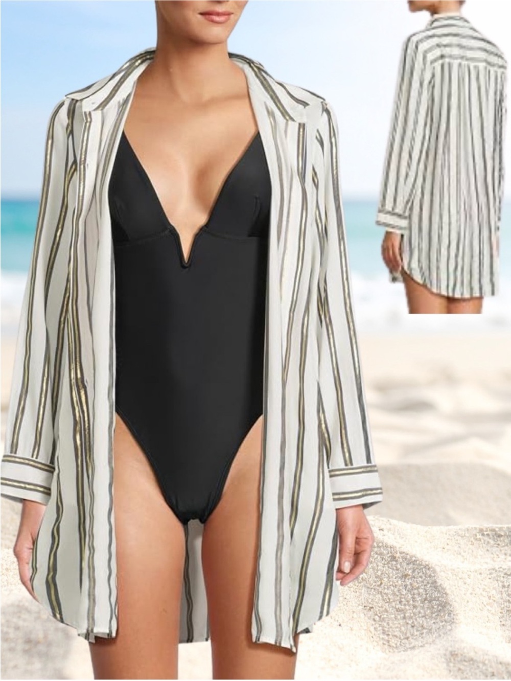 NWOT Tommy Bahama Boyfriend Shirt Women's Mare Navy Shimmer Stripe XL